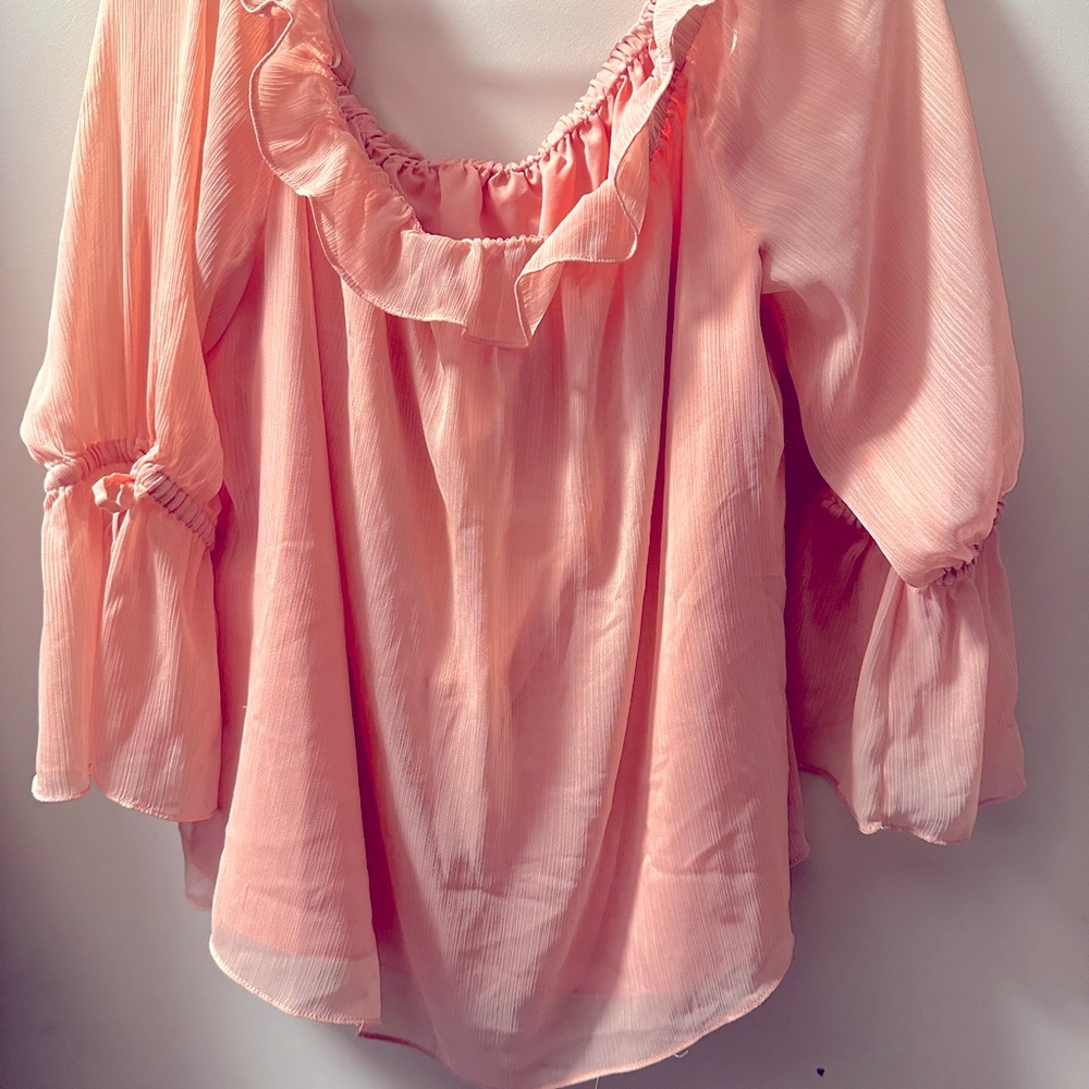 Halston Heritage Peach Ruffle Collar & Tie Bell Sleeve Top - Picture 4 of 6